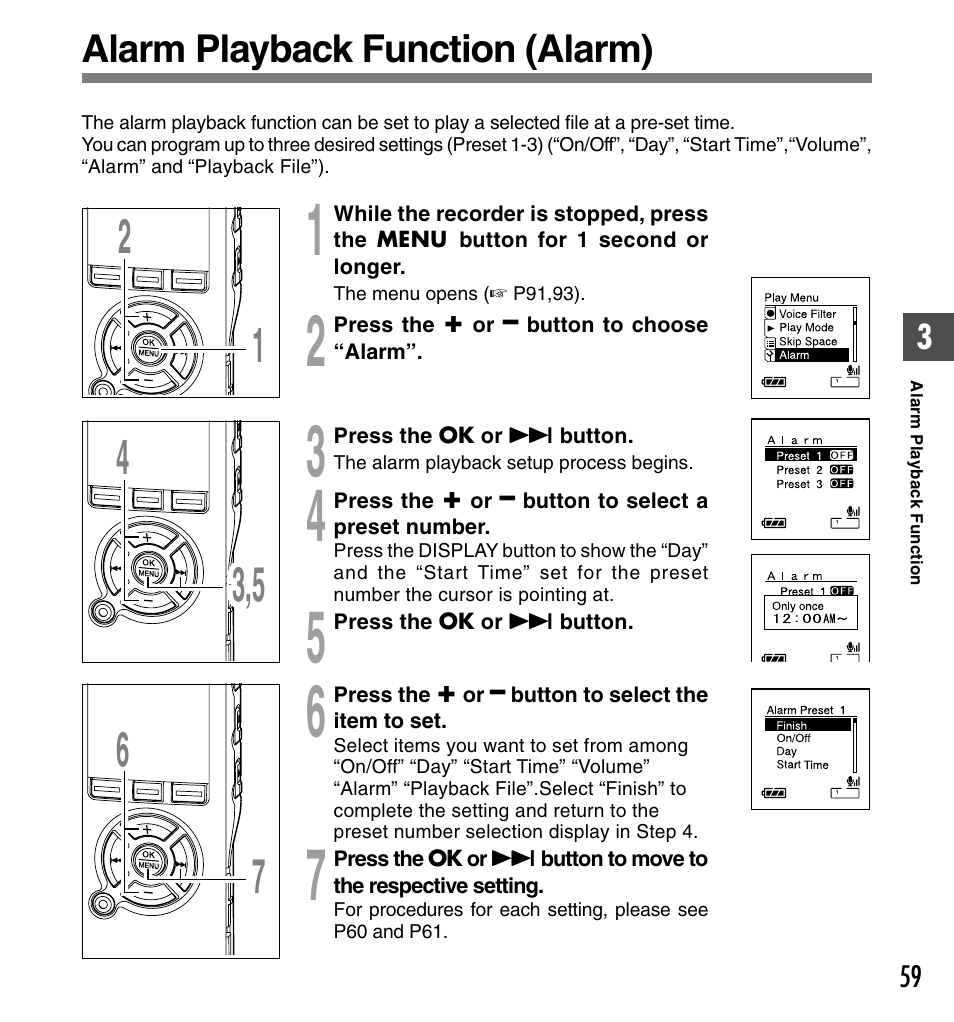 Alarm playback function (alarm) | Olympus DS-50 User Manual | Page 59 / 163