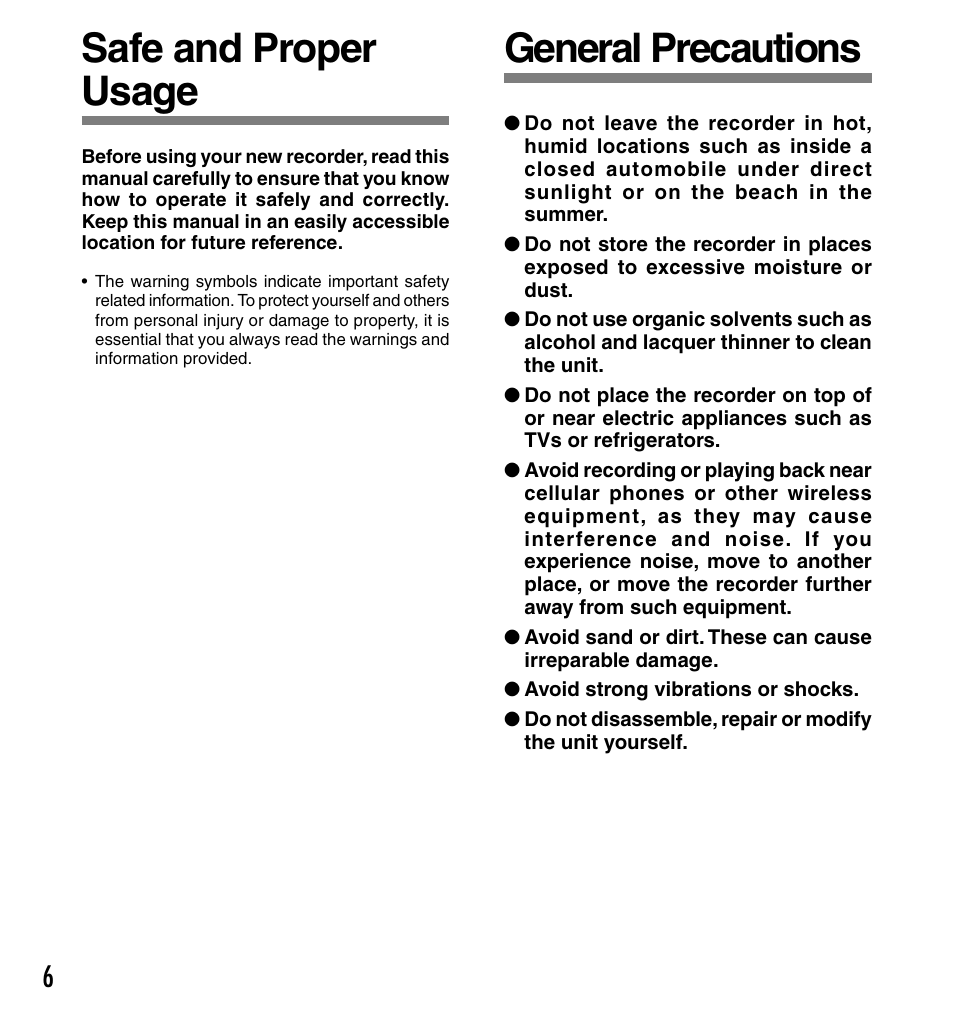 General precautions safe and proper usage | Olympus DS-50 User Manual | Page 6 / 163