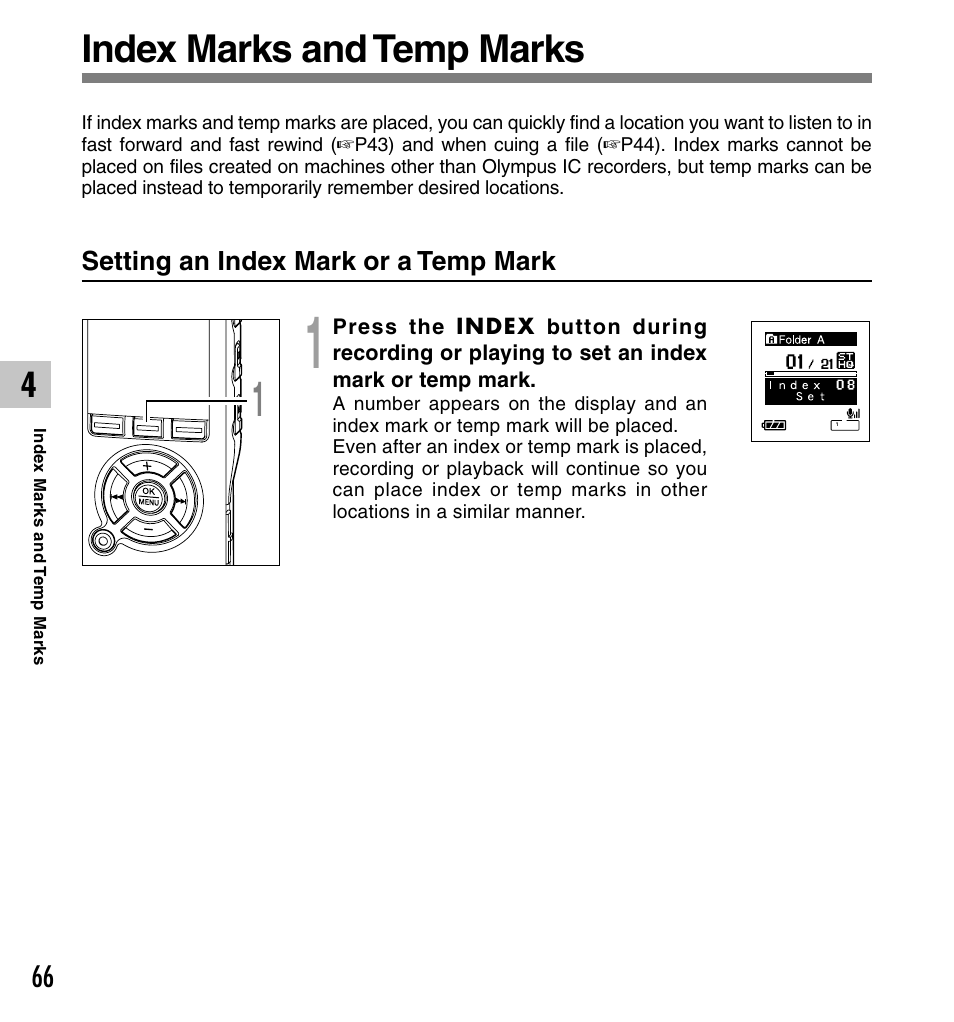 Index marks and temp marks | Olympus DS-50 User Manual | Page 66 / 163