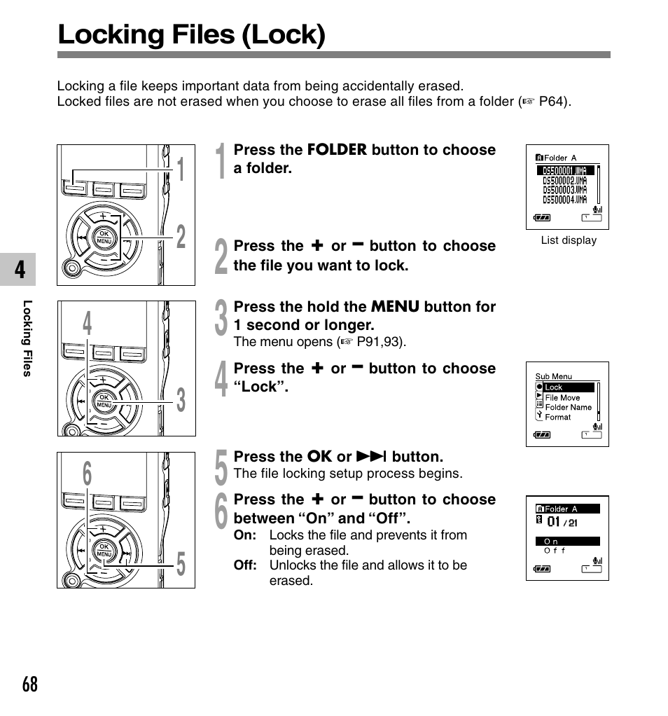 Locking files (lock) | Olympus DS-50 User Manual | Page 68 / 163