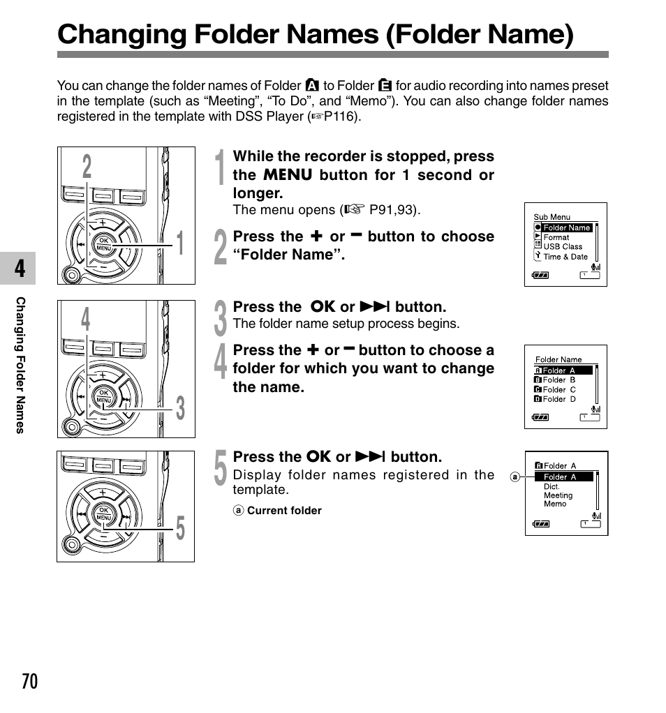 Changing folder names (folder name) | Olympus DS-50 User Manual | Page 70 / 163