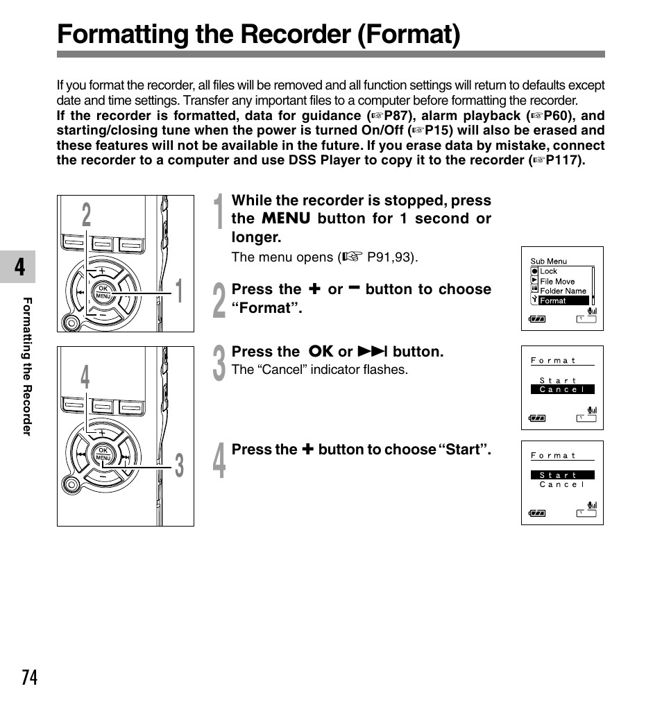 Formatting the recorder (format) | Olympus DS-50 User Manual | Page 74 / 163