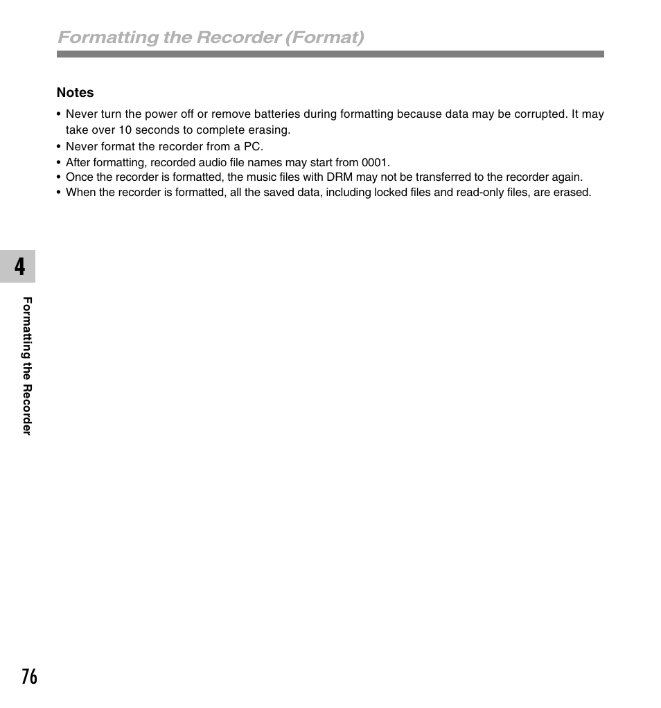 Formatting the recorder (format) | Olympus DS-50 User Manual | Page 76 / 163
