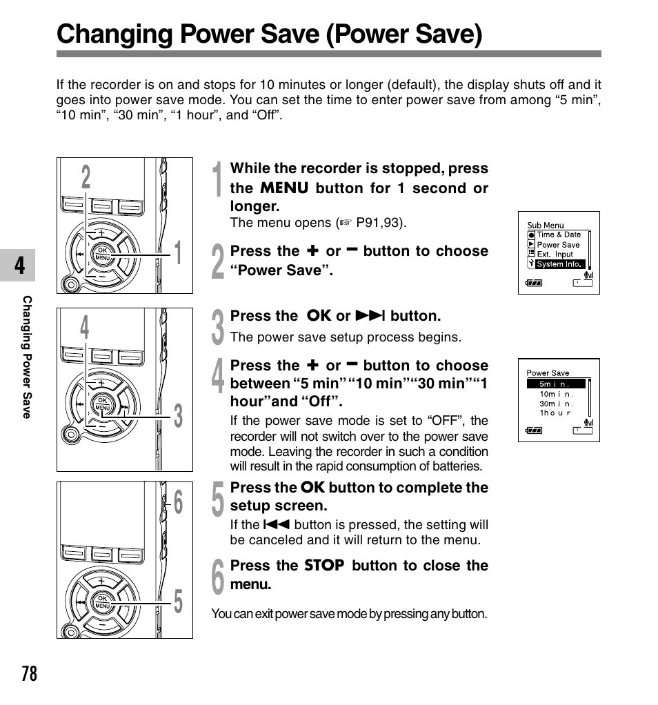 Changing power save (power save) | Olympus DS-50 User Manual | Page 78 / 163