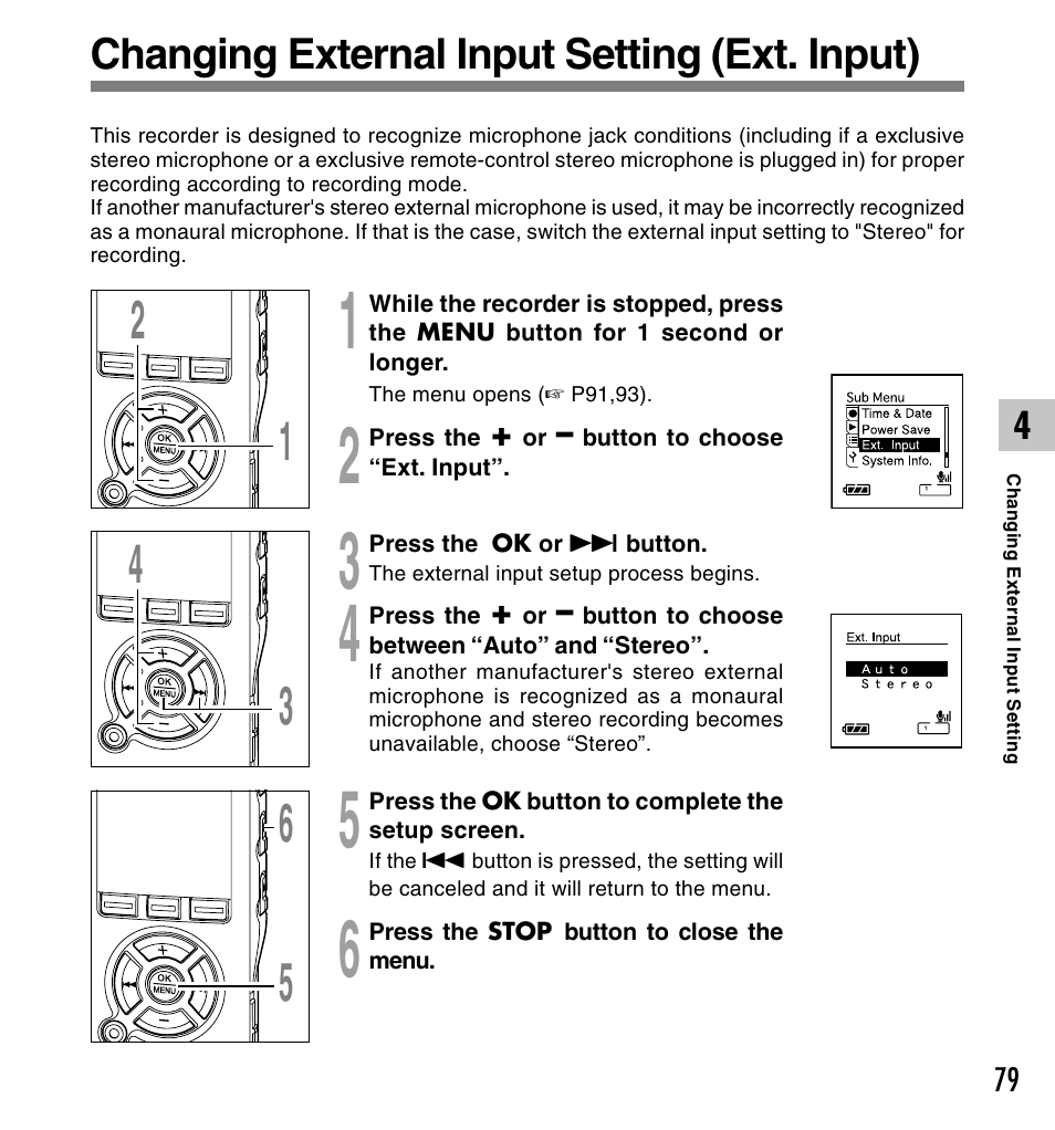 Changing external input setting (ext. input) | Olympus DS-50 User Manual | Page 79 / 163