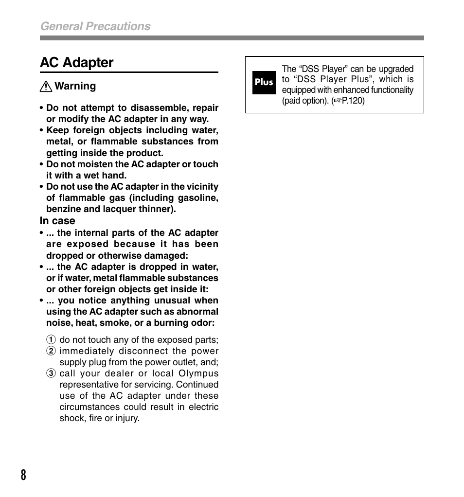 Ac adapter, General precautions | Olympus DS-50 User Manual | Page 8 / 163