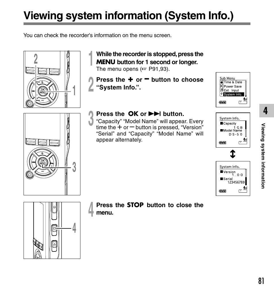 Viewing system information (system info.) | Olympus DS-50 User Manual | Page 81 / 163