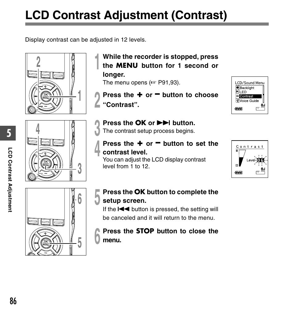 Lcd contrast adjustment (contrast) | Olympus DS-50 User Manual | Page 86 / 163