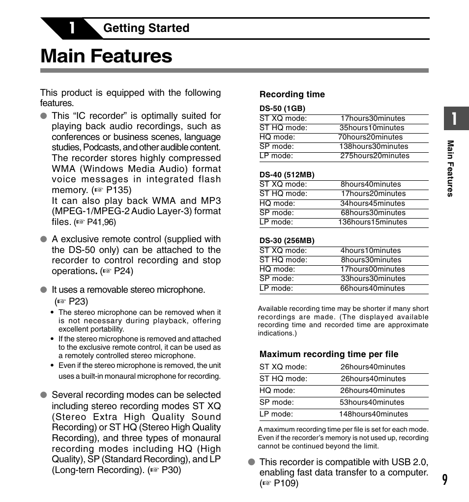 Main features, Getting started | Olympus DS-50 User Manual | Page 9 / 163