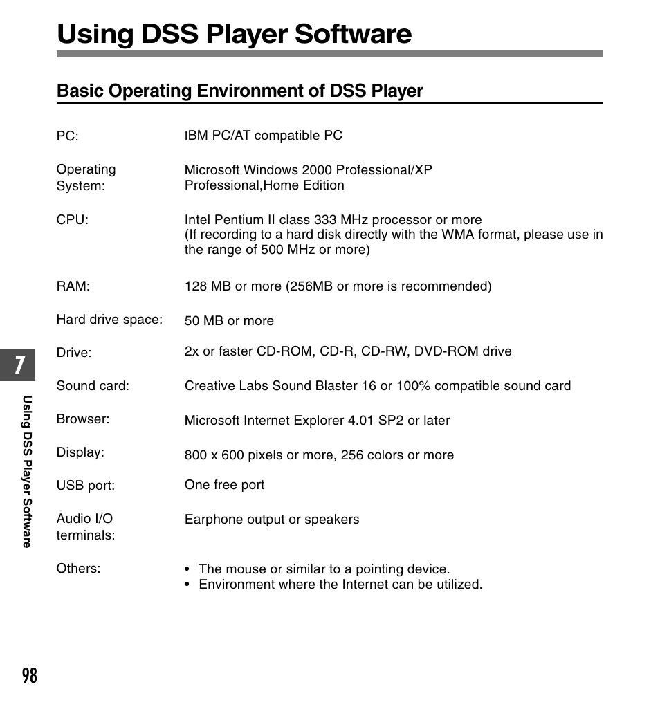 Using dss player software, Basic operating environment of dss player | Olympus DS-50 User Manual | Page 98 / 163