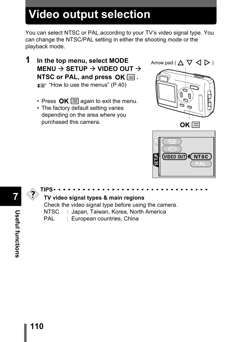 Video output selection, P.110 | Olympus 300 DIGITAL User Manual | Page 111 / 173