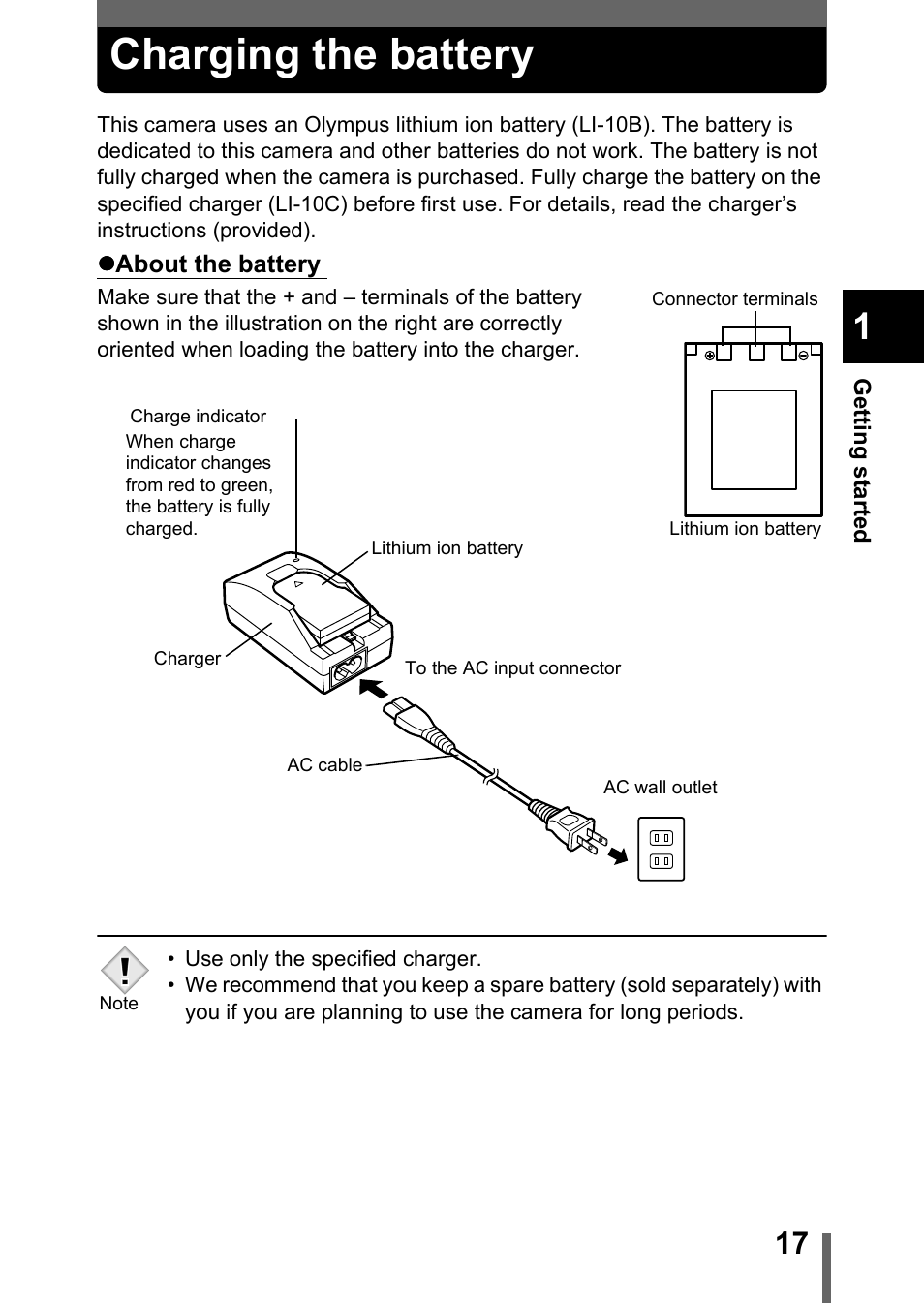 Charging the battery | Olympus 300 DIGITAL User Manual | Page 18 / 173