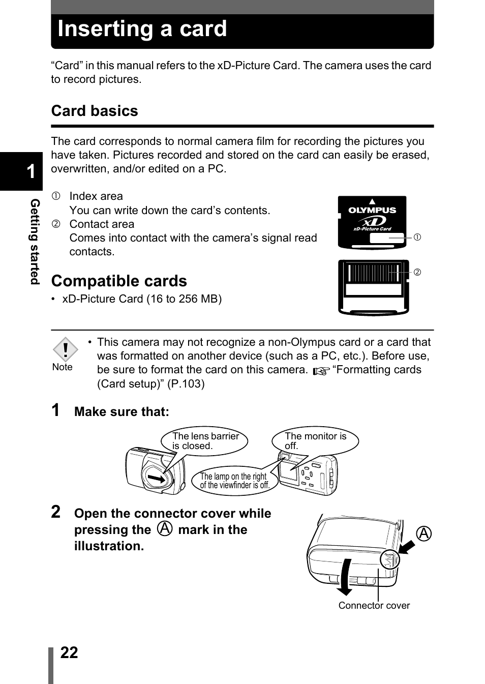 Inserting a card, Card basics, Compatible cards | Olympus 300 DIGITAL User Manual | Page 23 / 173