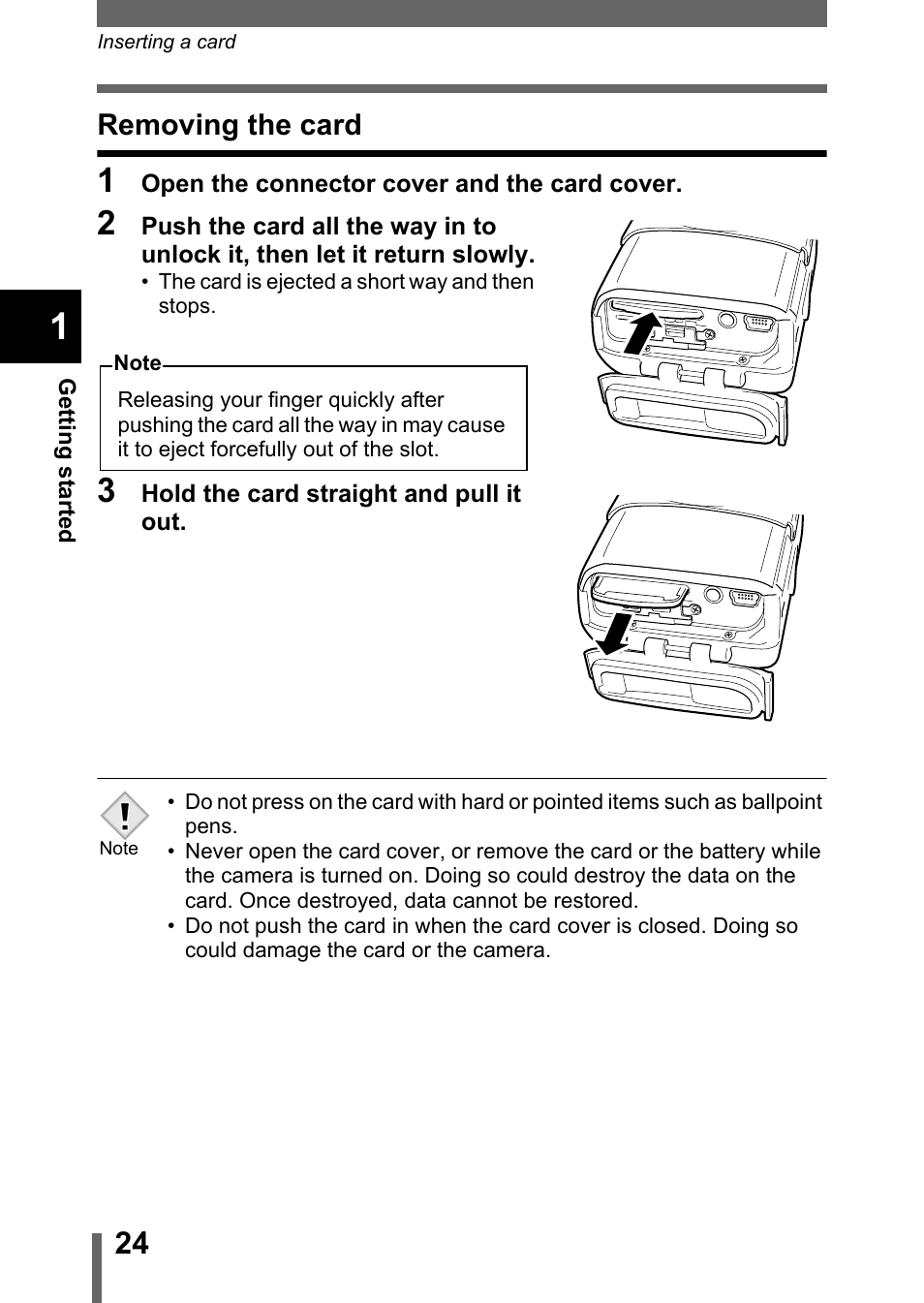 Removing the card | Olympus 300 DIGITAL User Manual | Page 25 / 173
