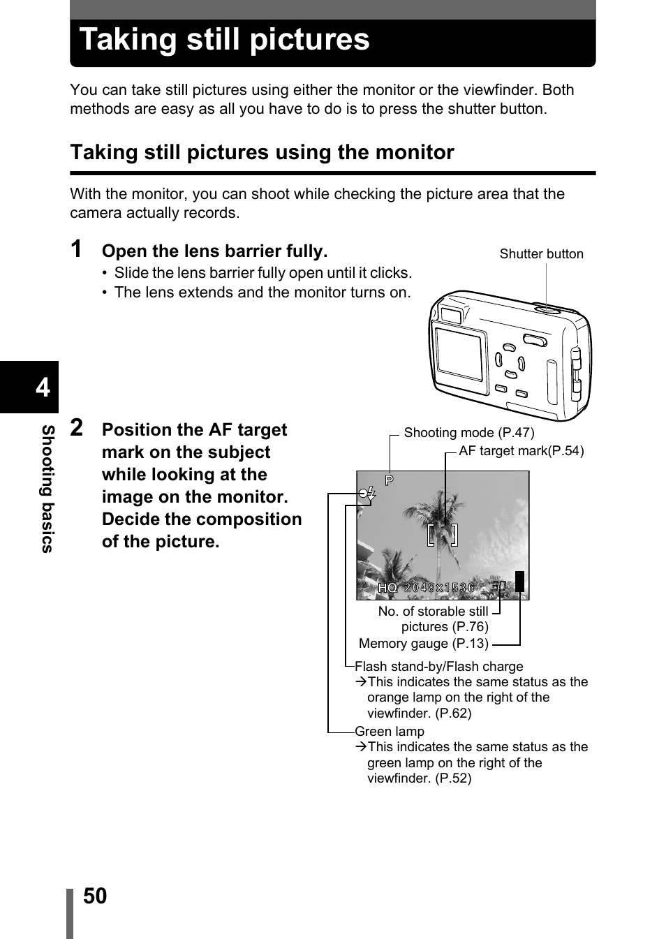 Taking still pictures, Taking still pictures using the monitor, P.50 | Olympus 300 DIGITAL User Manual | Page 51 / 173