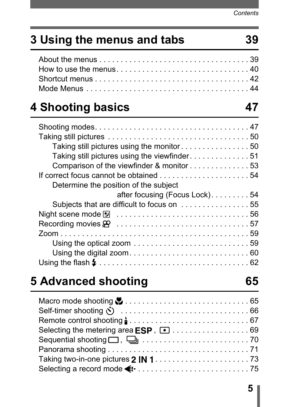 3 using the menus and tabs 39, 4 shooting basics 47, 5 advanced shooting 65 | Olympus 300 DIGITAL User Manual | Page 6 / 173