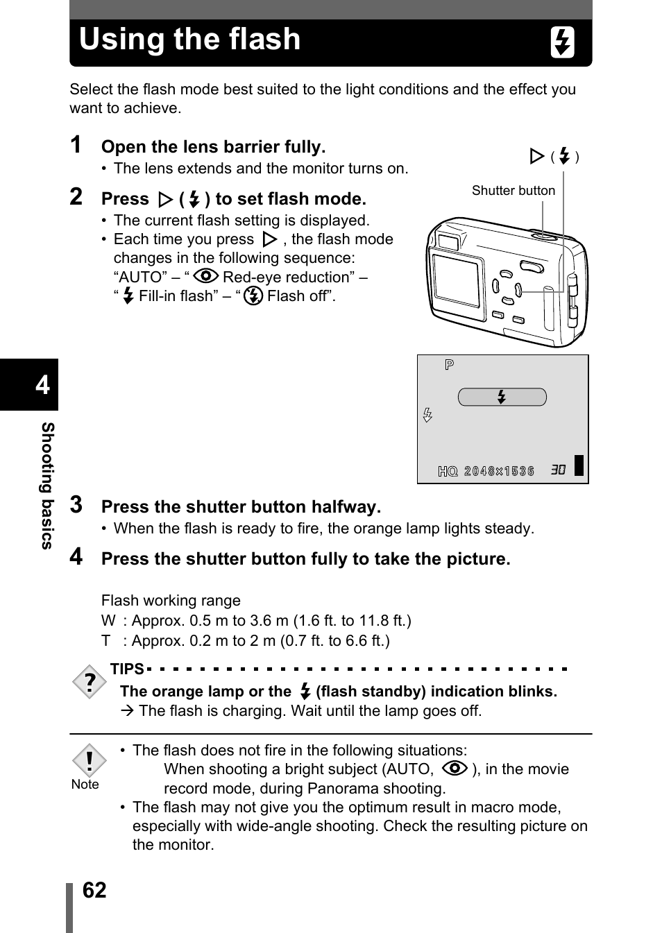 Using the flash, P.62 | Olympus 300 DIGITAL User Manual | Page 63 / 173
