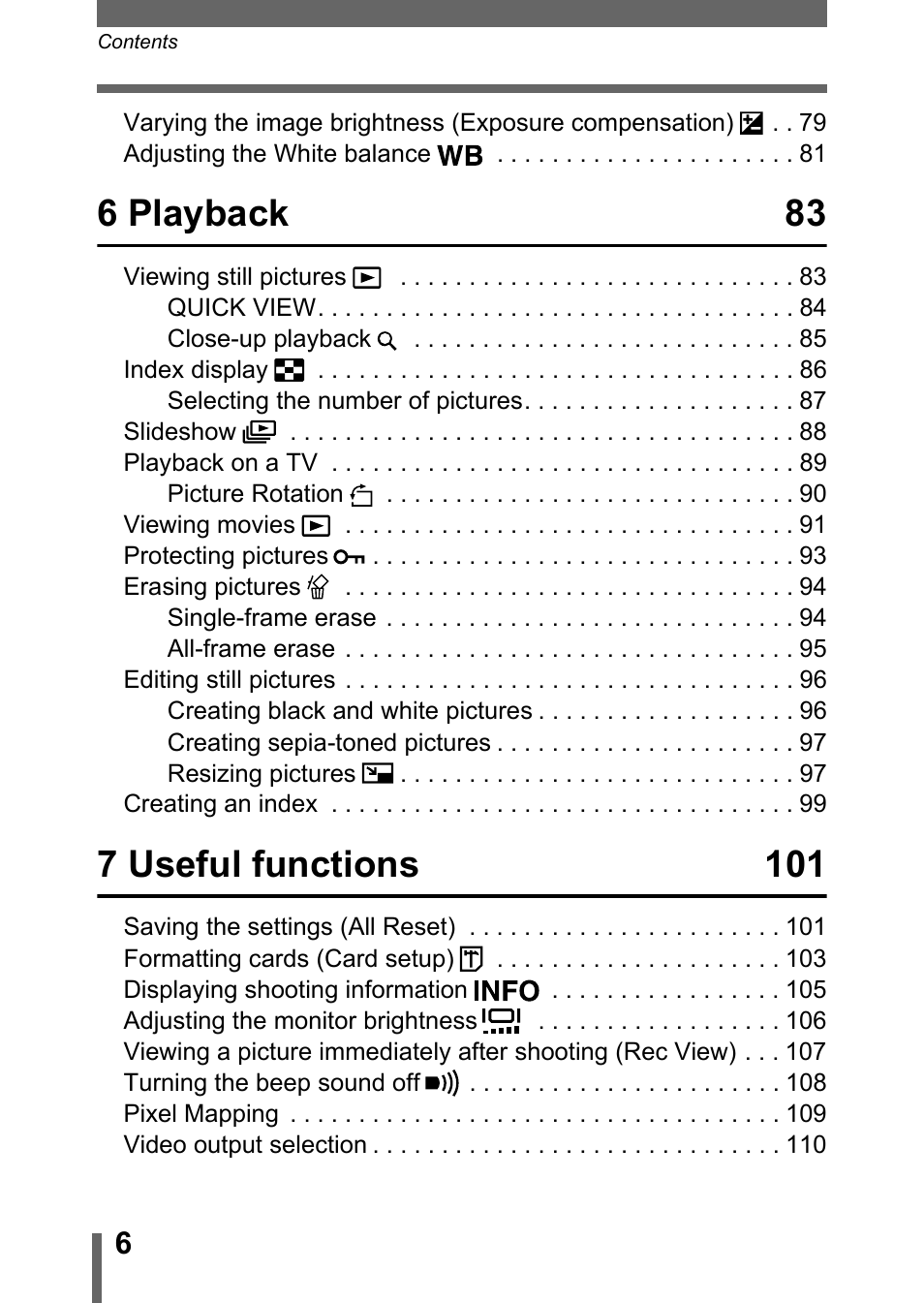 6 playback 83, 7 useful functions 101 | Olympus 300 DIGITAL User Manual | Page 7 / 173