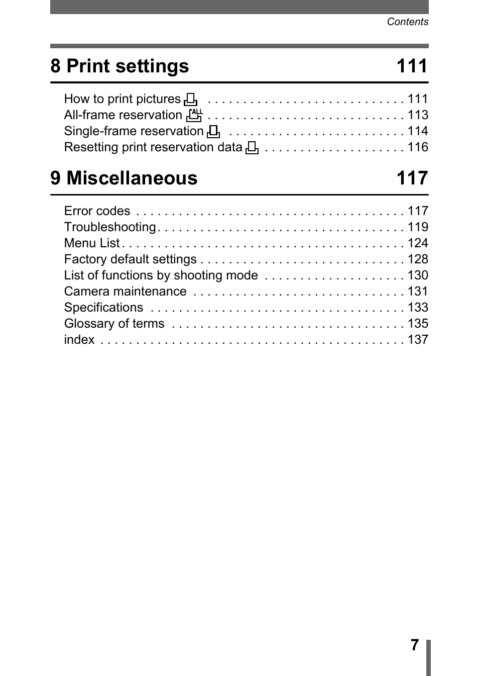 8 print settings 111, 9 miscellaneous 117 | Olympus 300 DIGITAL User Manual | Page 8 / 173