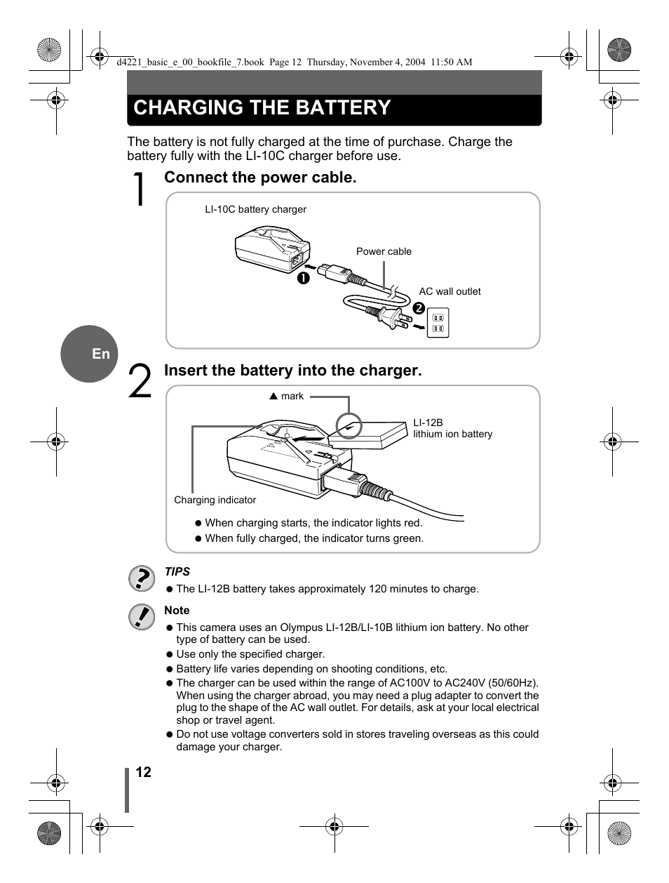 Charging the battery | Olympus Trip 500 User Manual | Page 12 / 100