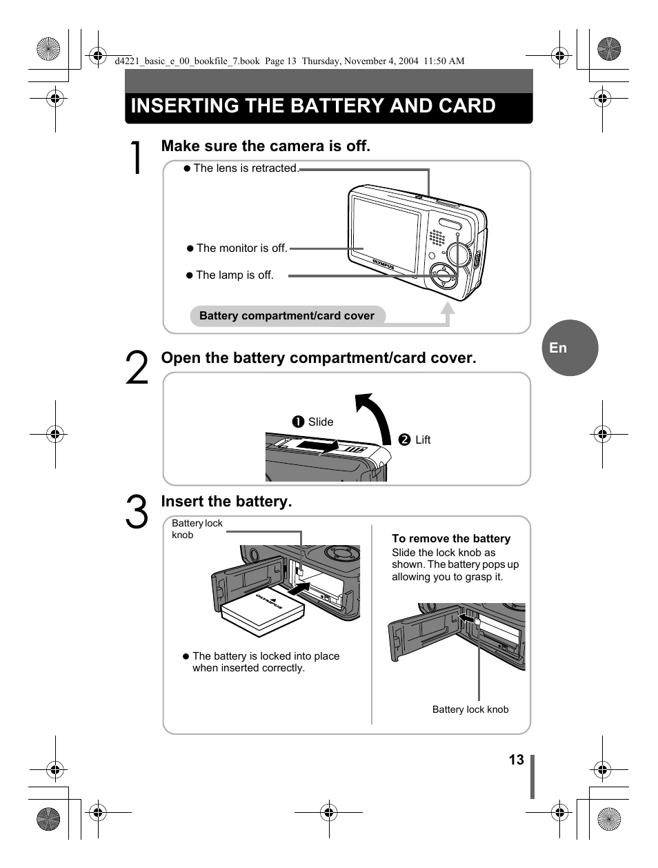Inserting the battery and card | Olympus Trip 500 User Manual | Page 13 / 100