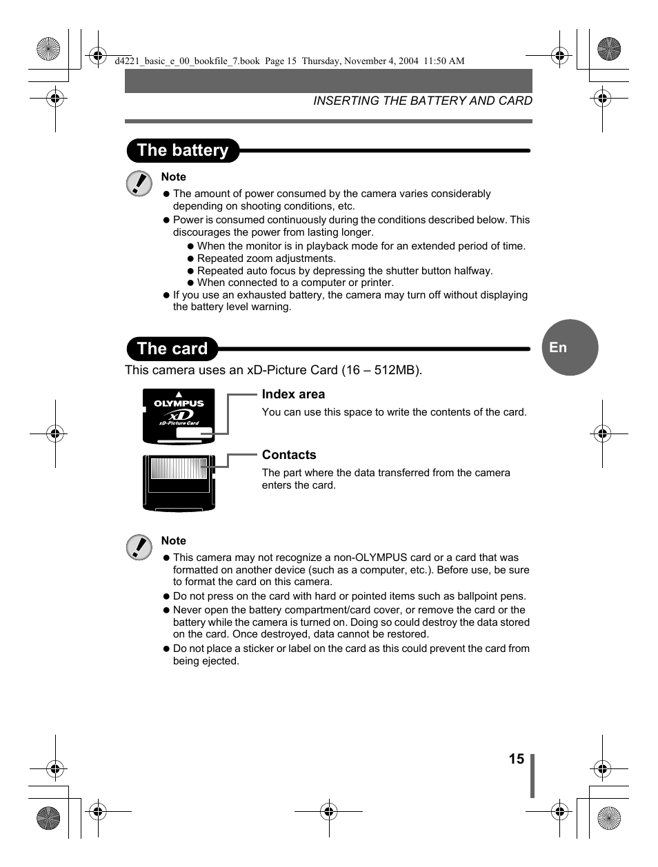 The battery the card, 15 en | Olympus Trip 500 User Manual | Page 15 / 100