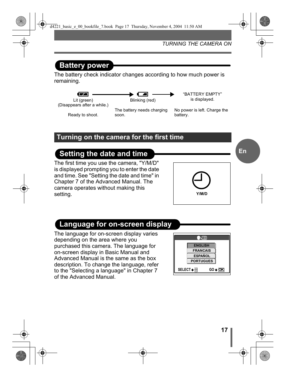 Battery power, Setting the date and time, Language for on-screen display | Turning on the camera for the first time | Olympus Trip 500 User Manual | Page 17 / 100