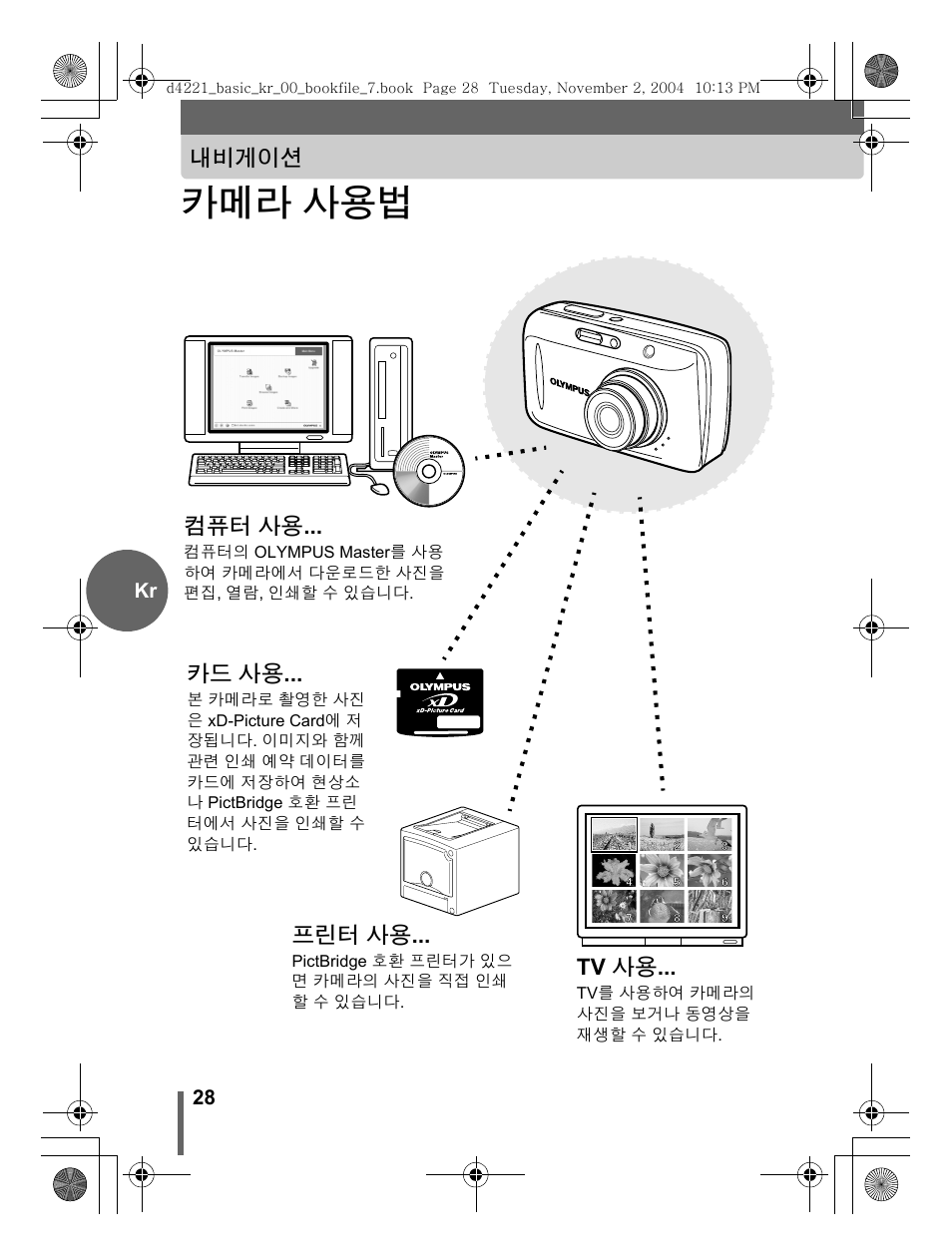 카메라 사용법, 내비게이션, 카드 사용 | 컴퓨터 사용, 프린터 사용, Tv 사용 | Olympus Trip 500 User Manual | Page 28 / 100