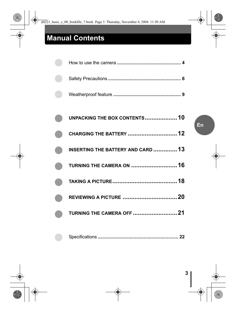 Manual contents | Olympus Trip 500 User Manual | Page 3 / 100