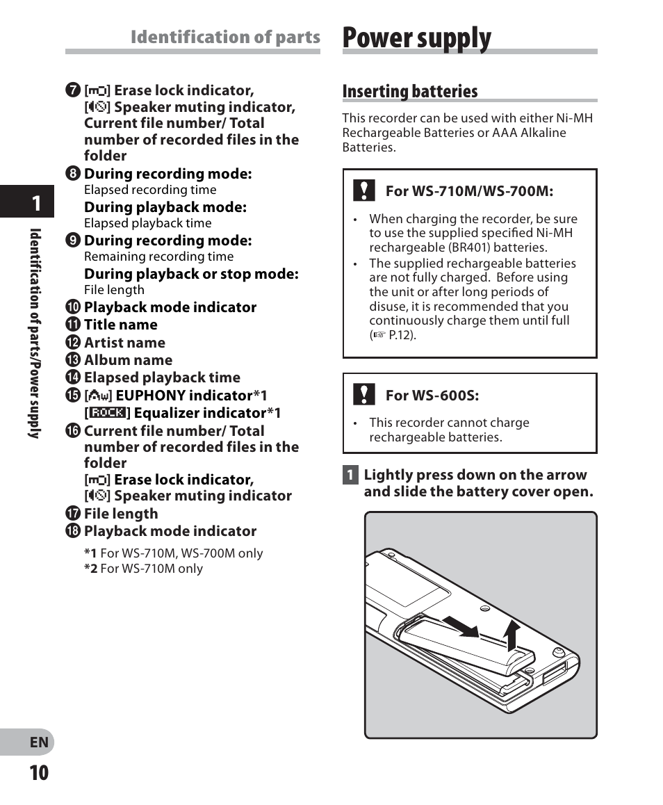 Power supply, Identification of parts, Inserting batteries | Olympus WS 700M User Manual | Page 10 / 92