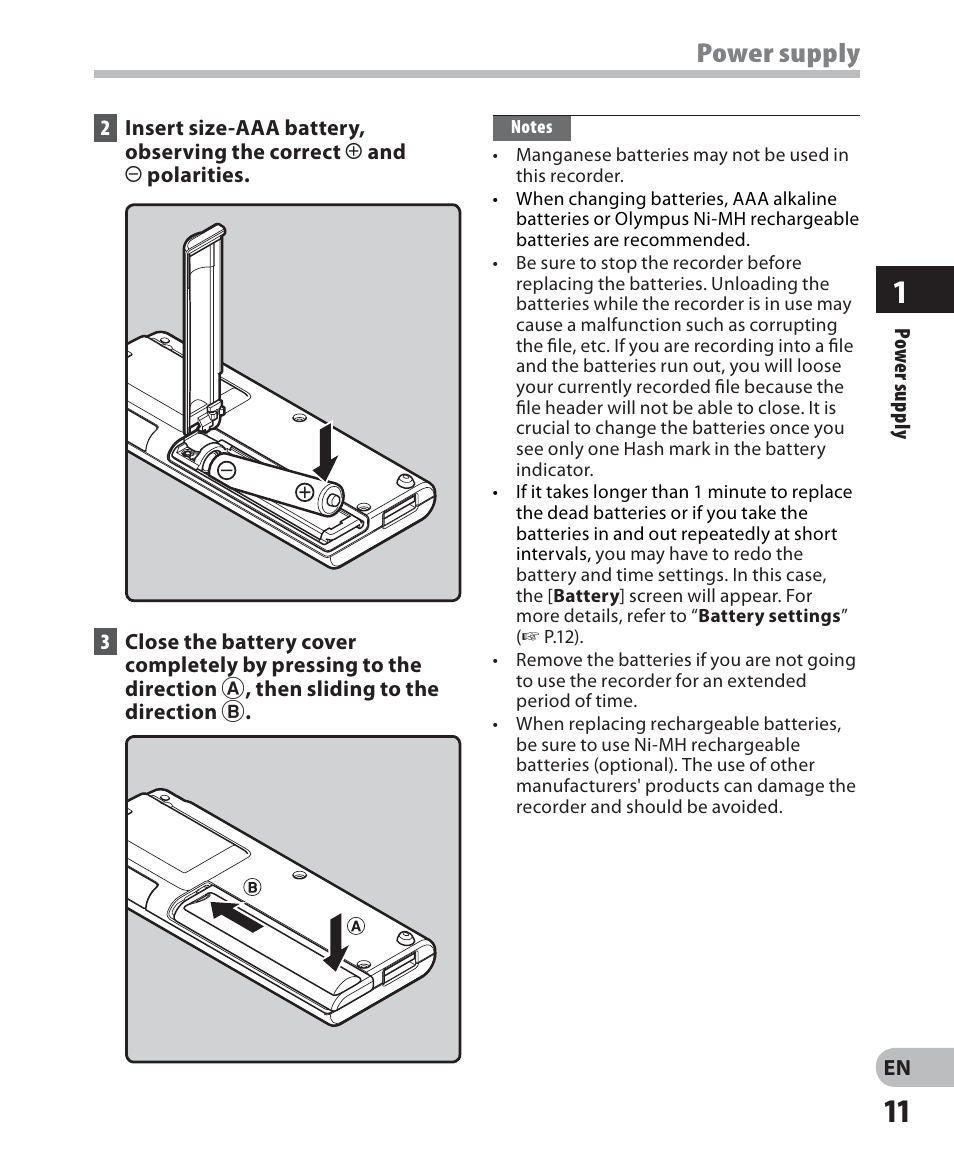 Power supply | Olympus WS 700M User Manual | Page 11 / 92