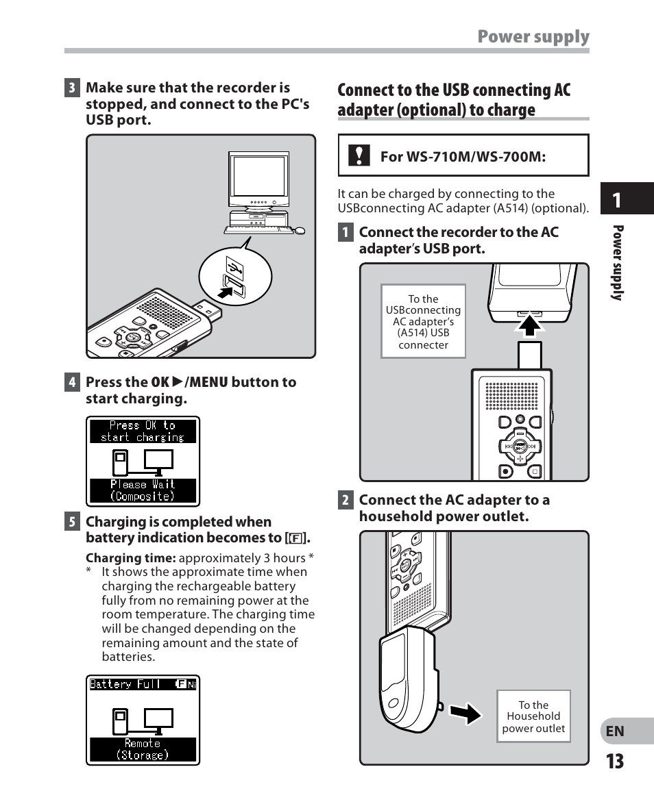 Power supply | Olympus WS 700M User Manual | Page 13 / 92