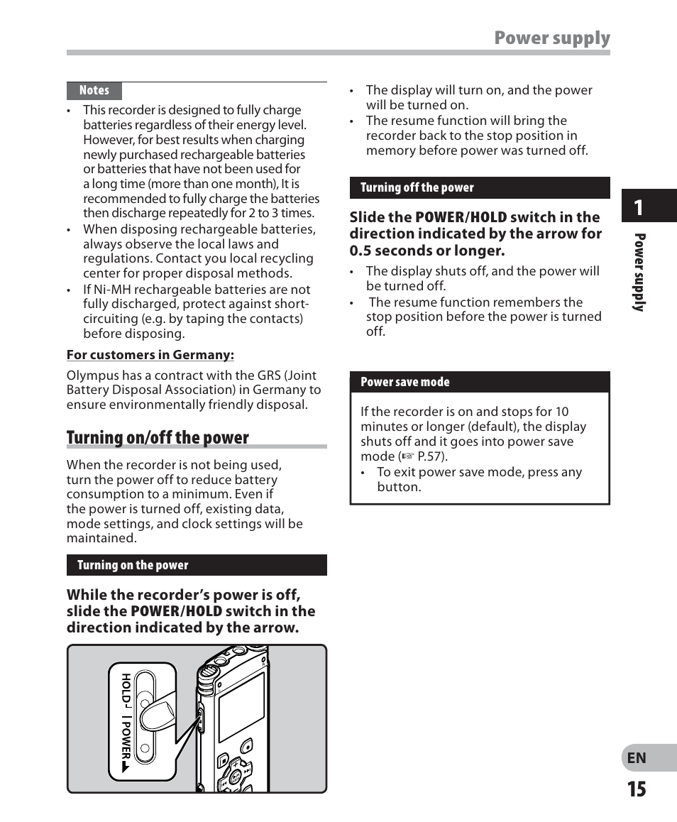 Power supply turning on/off the power | Olympus WS 700M User Manual | Page 15 / 92