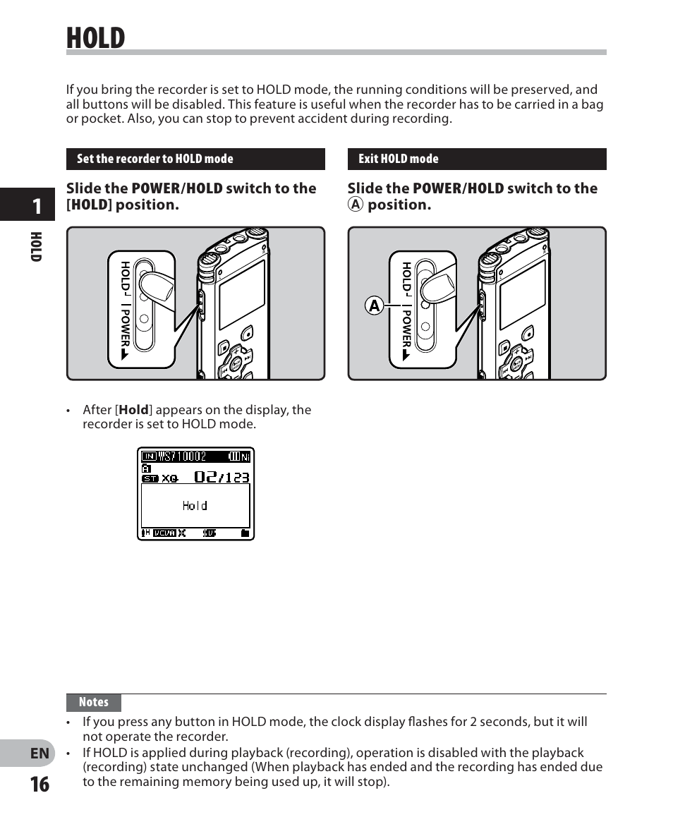 Hold | Olympus WS 700M User Manual | Page 16 / 92