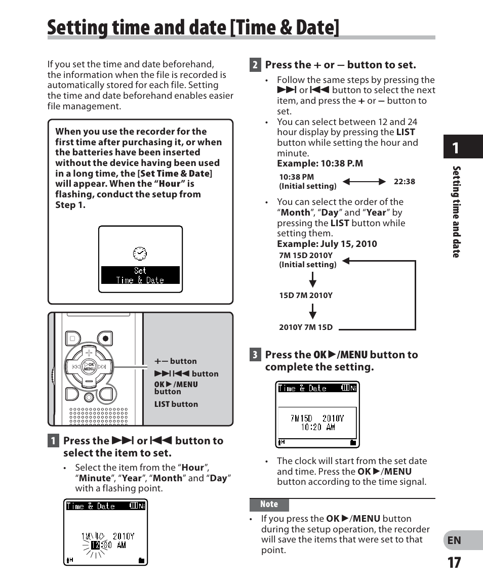 Setting time and date [time & date | Olympus WS 700M User Manual | Page 17 / 92