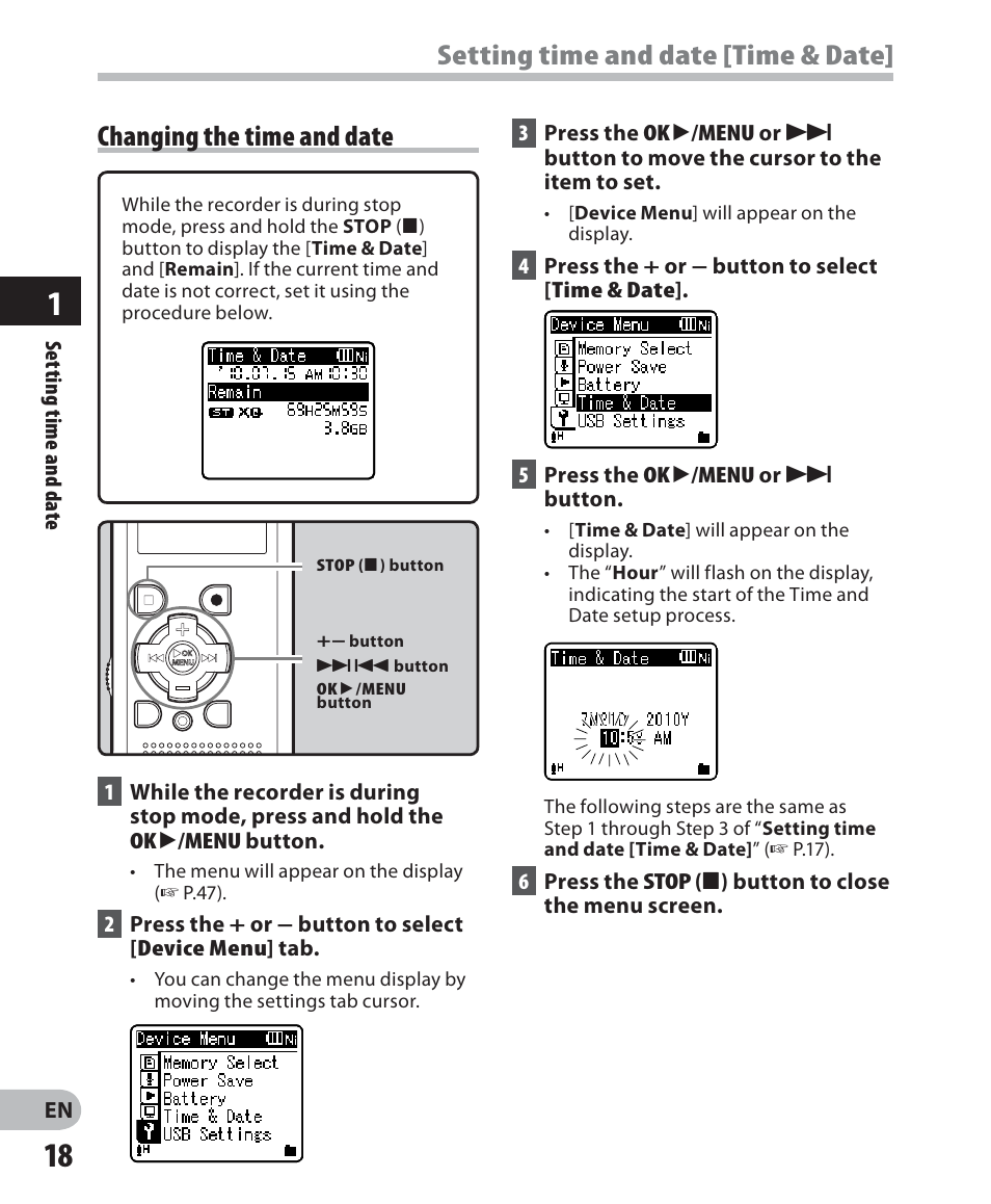 Setting time and date [time & date, Changing the time and date | Olympus WS 700M User Manual | Page 18 / 92