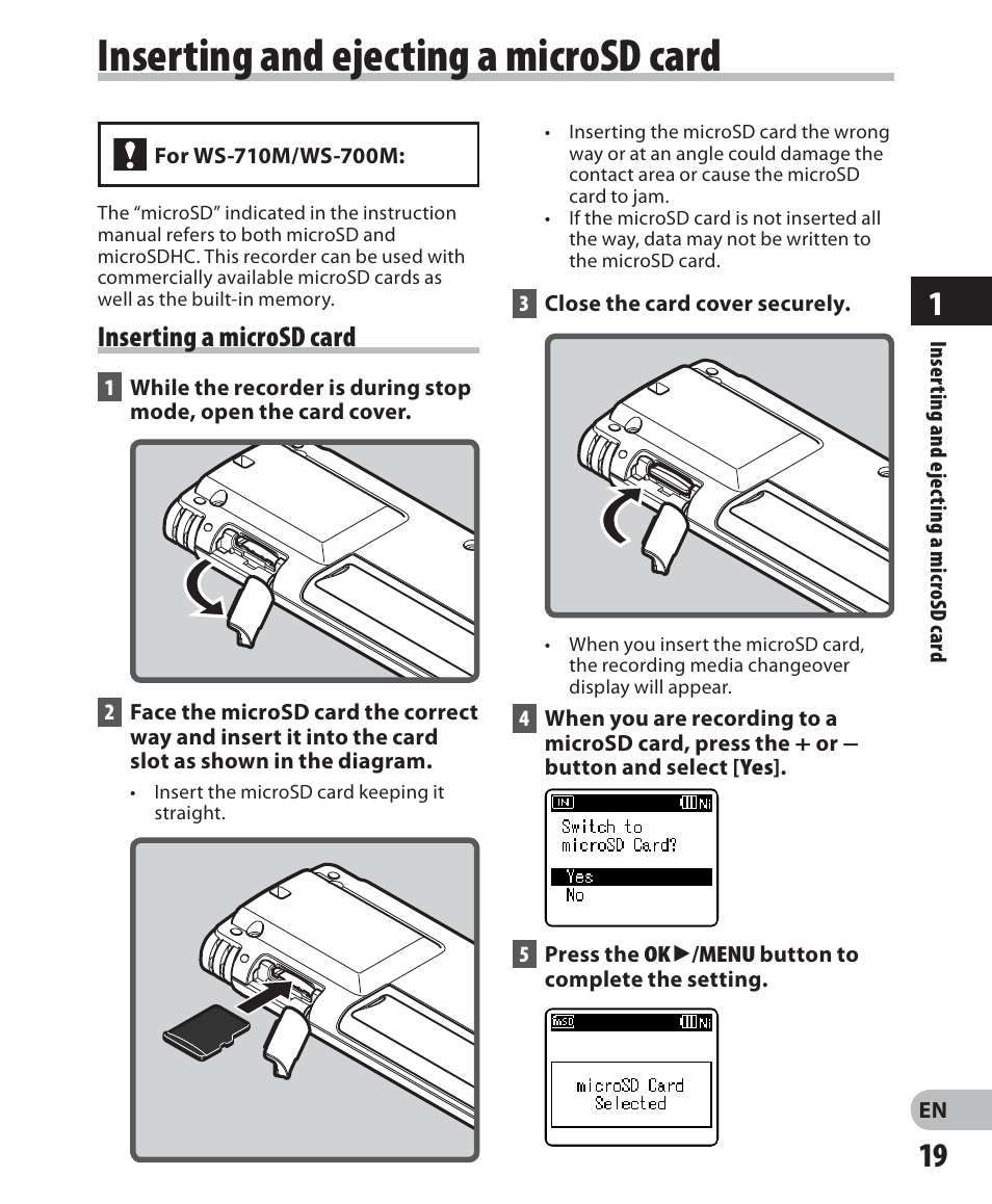 Inserting and ejecting a microsd card, Inserting a microsd card | Olympus WS 700M User Manual | Page 19 / 92