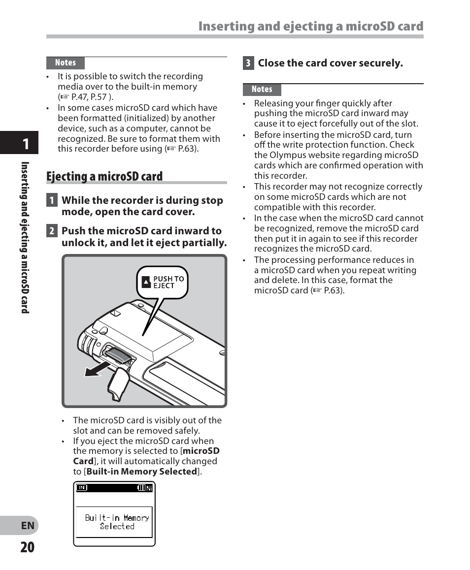 Inserting and ejecting a microsd card, Ejecting a microsd card | Olympus WS 700M User Manual | Page 20 / 92