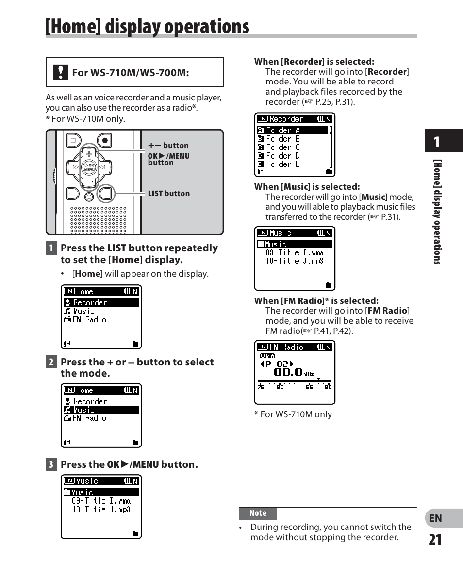 Home] display operations | Olympus WS 700M User Manual | Page 21 / 92