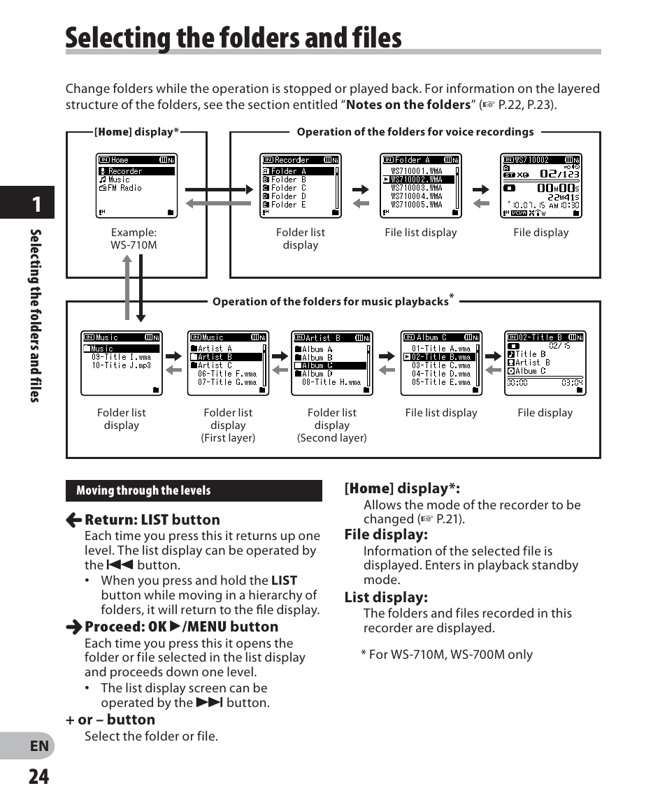 Selecting the folders and files | Olympus WS 700M User Manual | Page 24 / 92