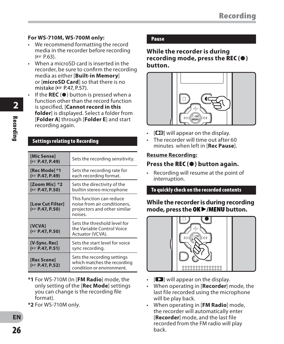 Recording | Olympus WS 700M User Manual | Page 26 / 92