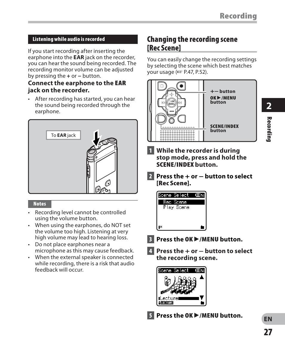 Recording, Changing the recording scene [rec scene | Olympus WS 700M User Manual | Page 27 / 92