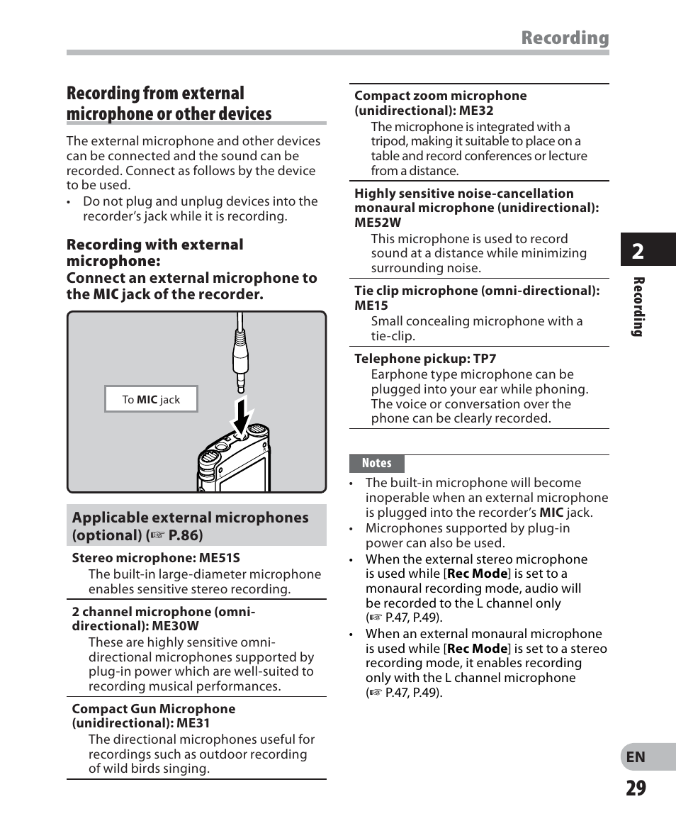 Recording | Olympus WS 700M User Manual | Page 29 / 92