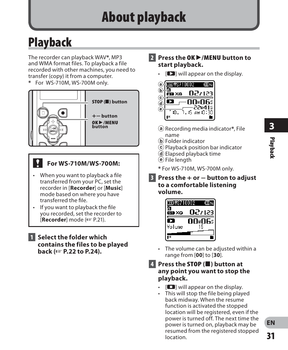 About playback, Playback | Olympus WS 700M User Manual | Page 31 / 92