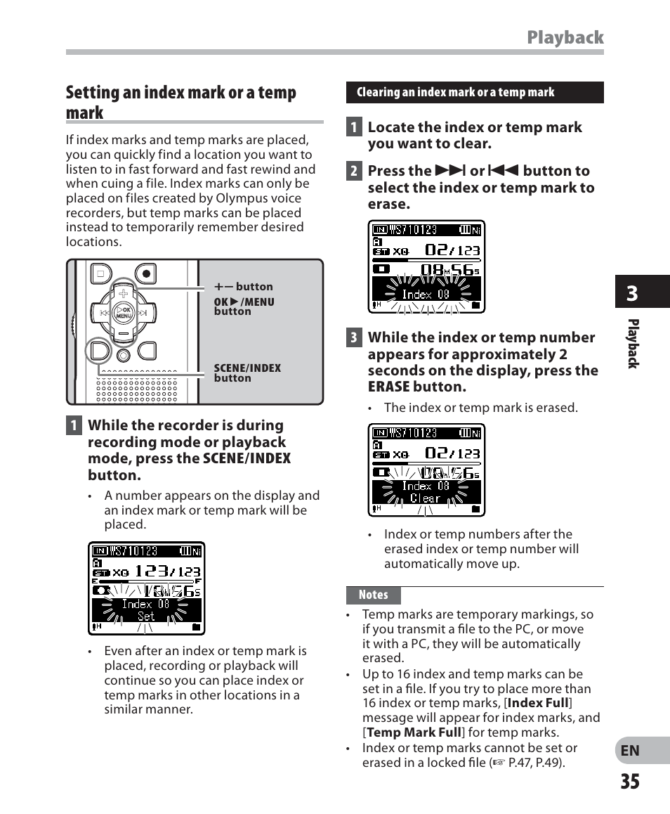 Playback, Setting an index mark or a temp mark | Olympus WS 700M User Manual | Page 35 / 92