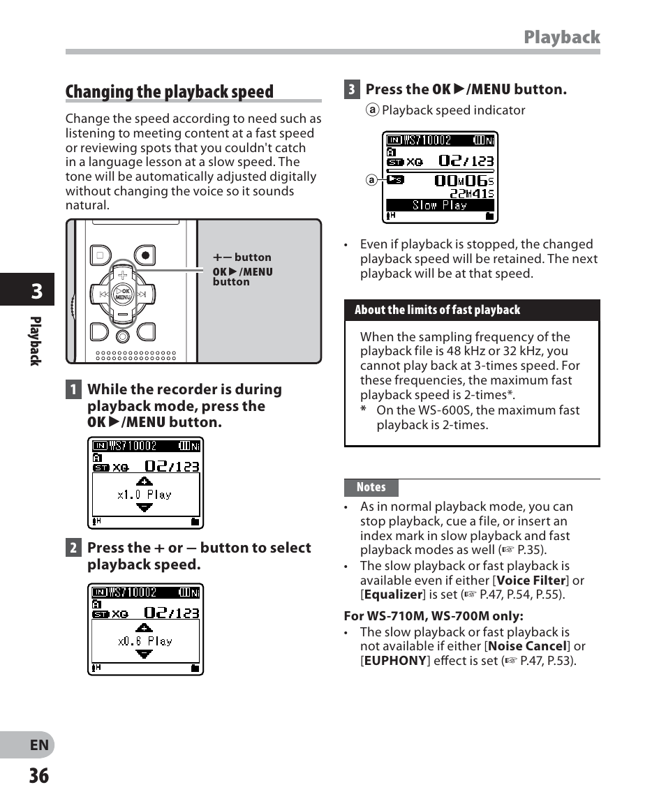 Playback, Changing the playback speed | Olympus WS 700M User Manual | Page 36 / 92