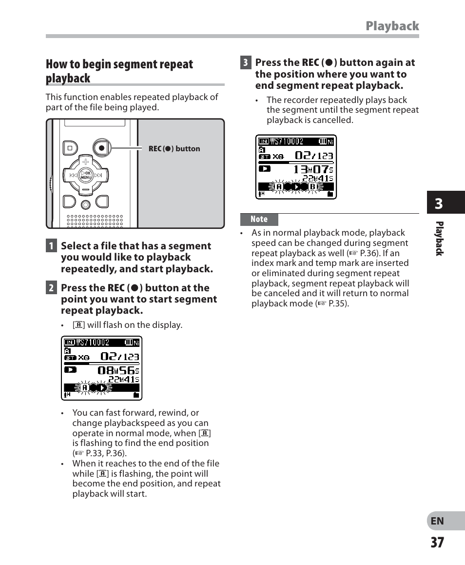 Playback, How to begin segment repeat playback | Olympus WS 700M User Manual | Page 37 / 92