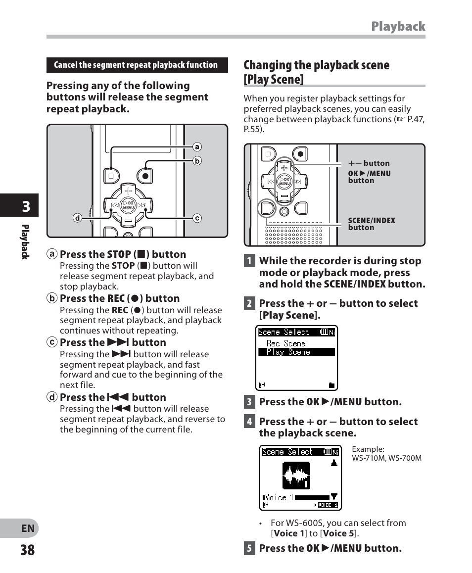 Playback, Changing the playback scene [play scene | Olympus WS 700M User Manual | Page 38 / 92