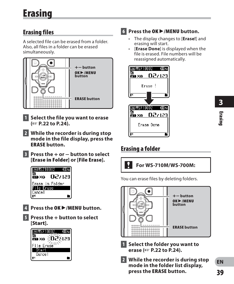 Erasing, Erasing files, Erasing a folder | Olympus WS 700M User Manual | Page 39 / 92