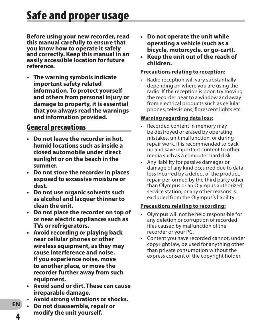 Safe and proper usage, General precautions | Olympus WS 700M User Manual | Page 4 / 92